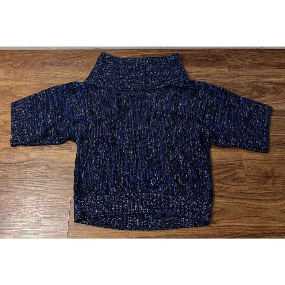 Notations Knit Womens M Blue Metallic Cowl Neck Blouse Short Sleeve Sweatshirt